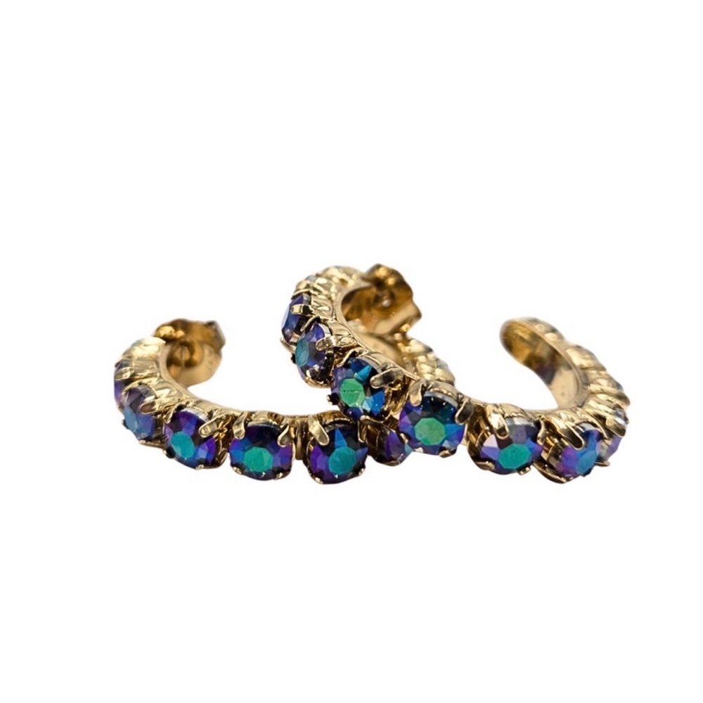 Sienna Gold Hoop Earrings with Iridescent Blue-Green Crystals - Women Jewelry